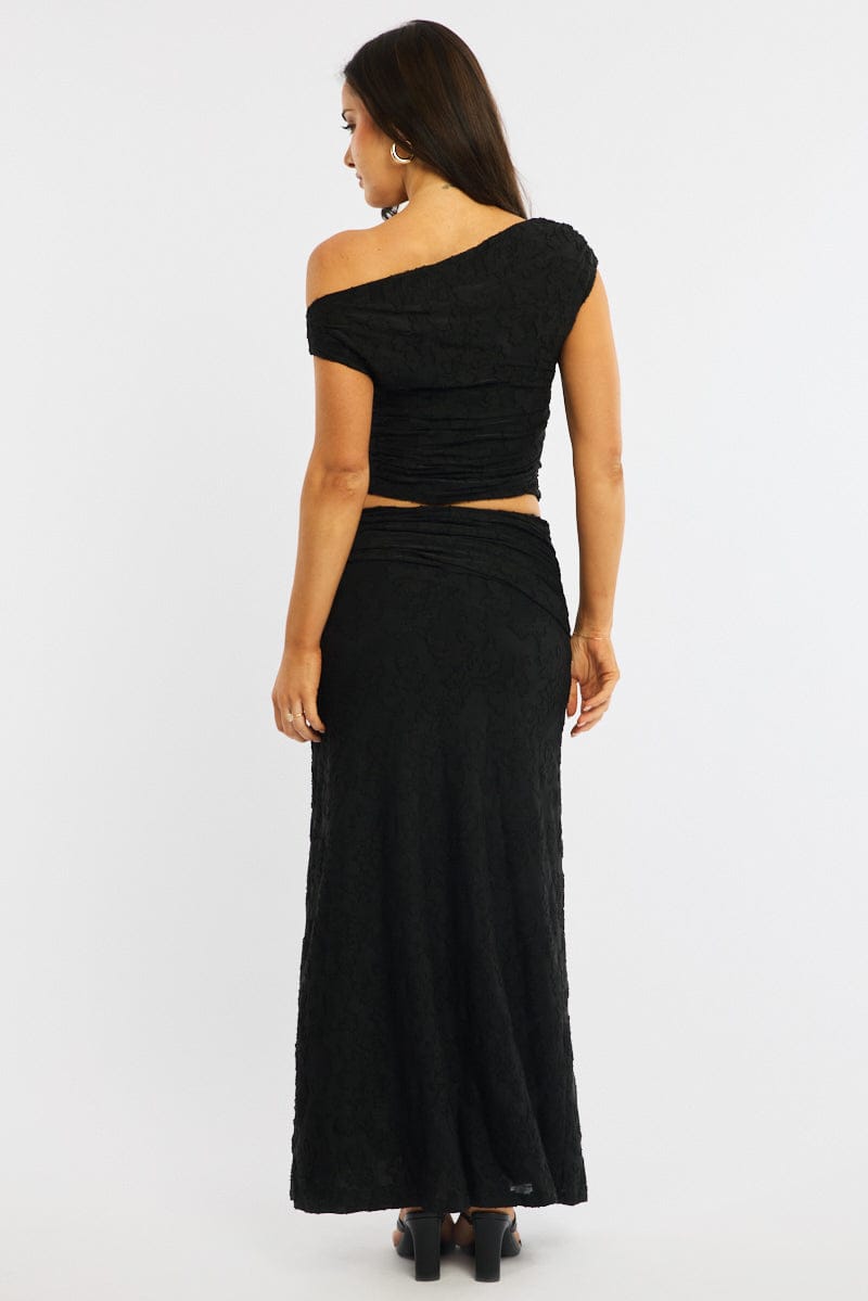 Black Maxi Skirt Textured Gathered Waist Stretch Lined