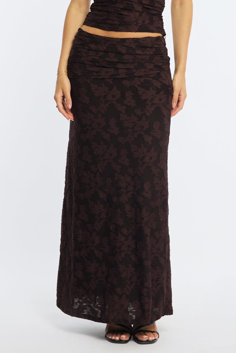 Brown Maxi Skirt Textured Gathered Waist Stretch Lined