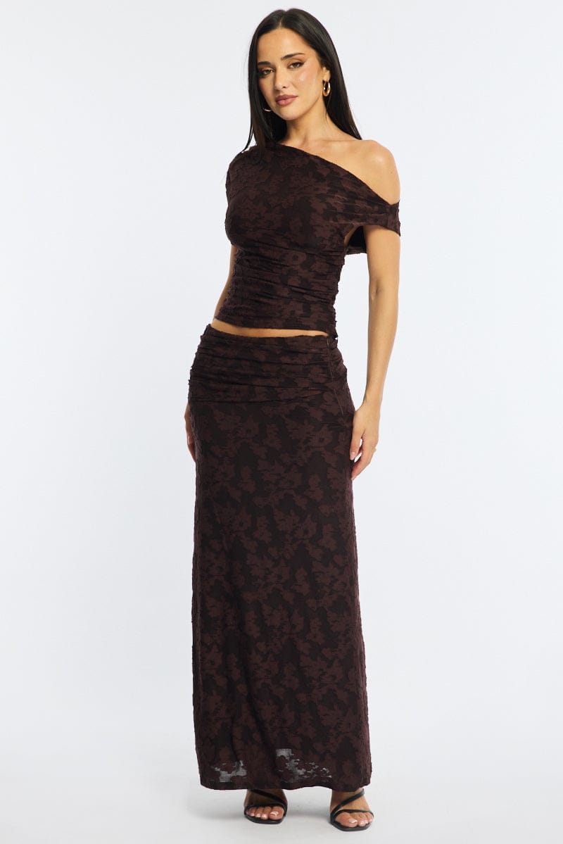 Brown Maxi Skirt Textured Gathered Waist Stretch Lined