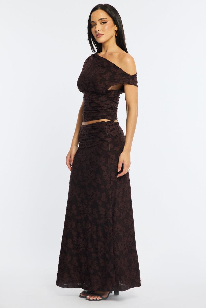 Brown Maxi Skirt Textured Gathered Waist Stretch Lined