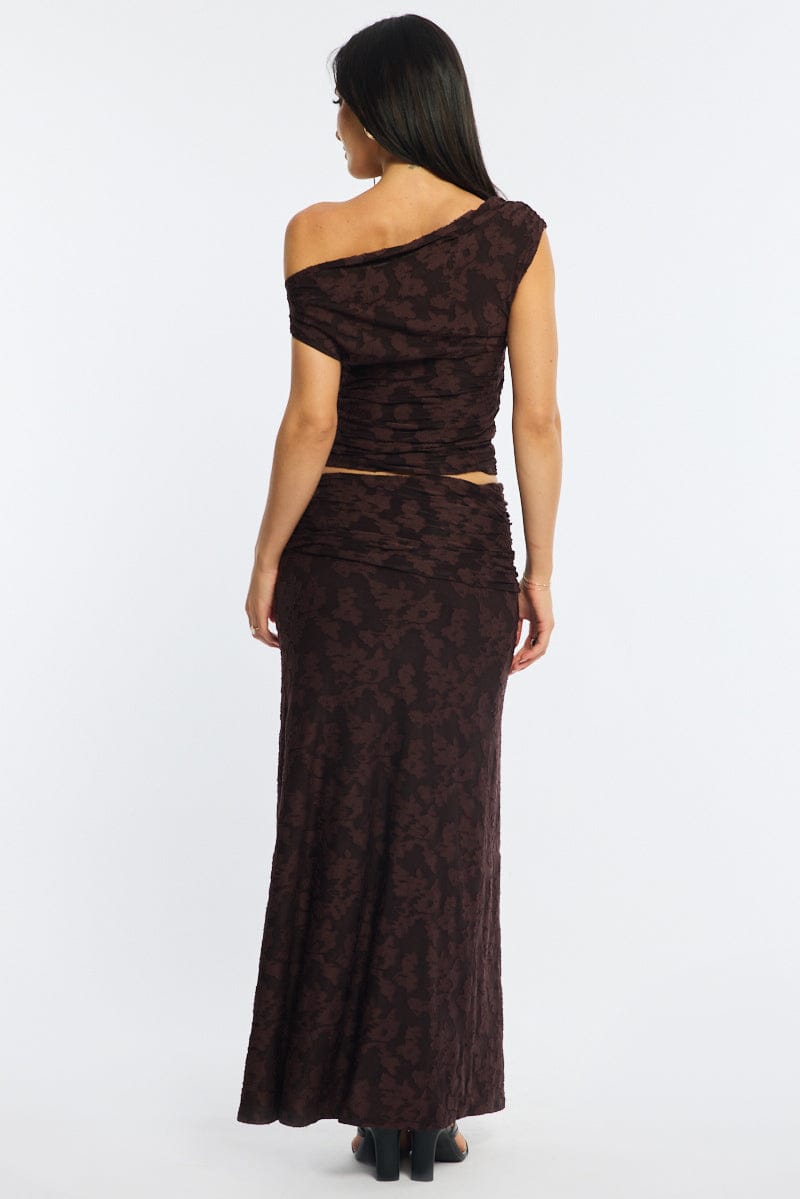 Brown Maxi Skirt Textured Gathered Waist Stretch Lined