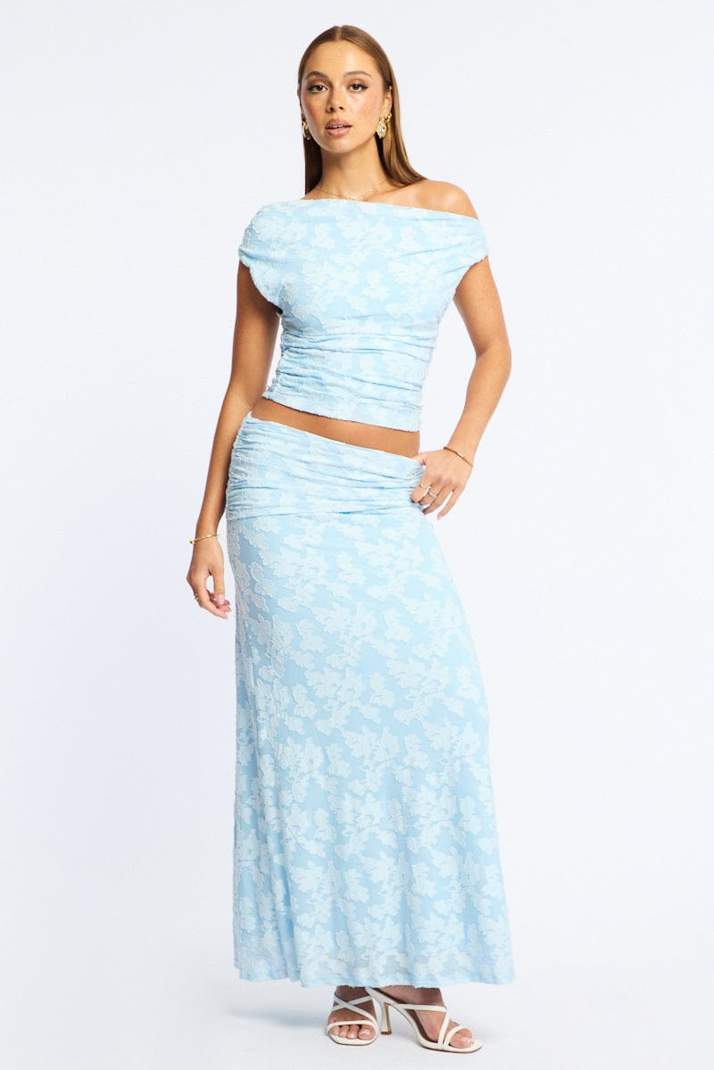 Blue Maxi Skirt Textured Gathered Waist Stretch Lined