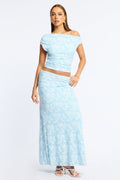 Blue Maxi Skirt Textured Gathered Waist Stretch Lined