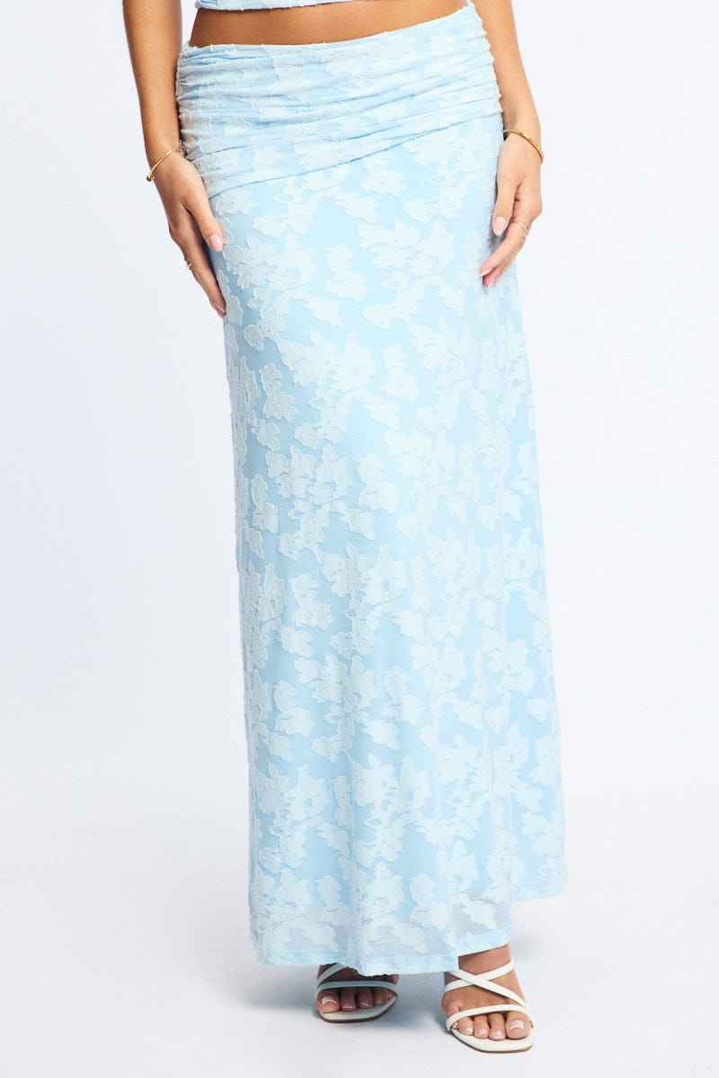Blue Maxi Skirt Textured Gathered Waist Stretch Lined
