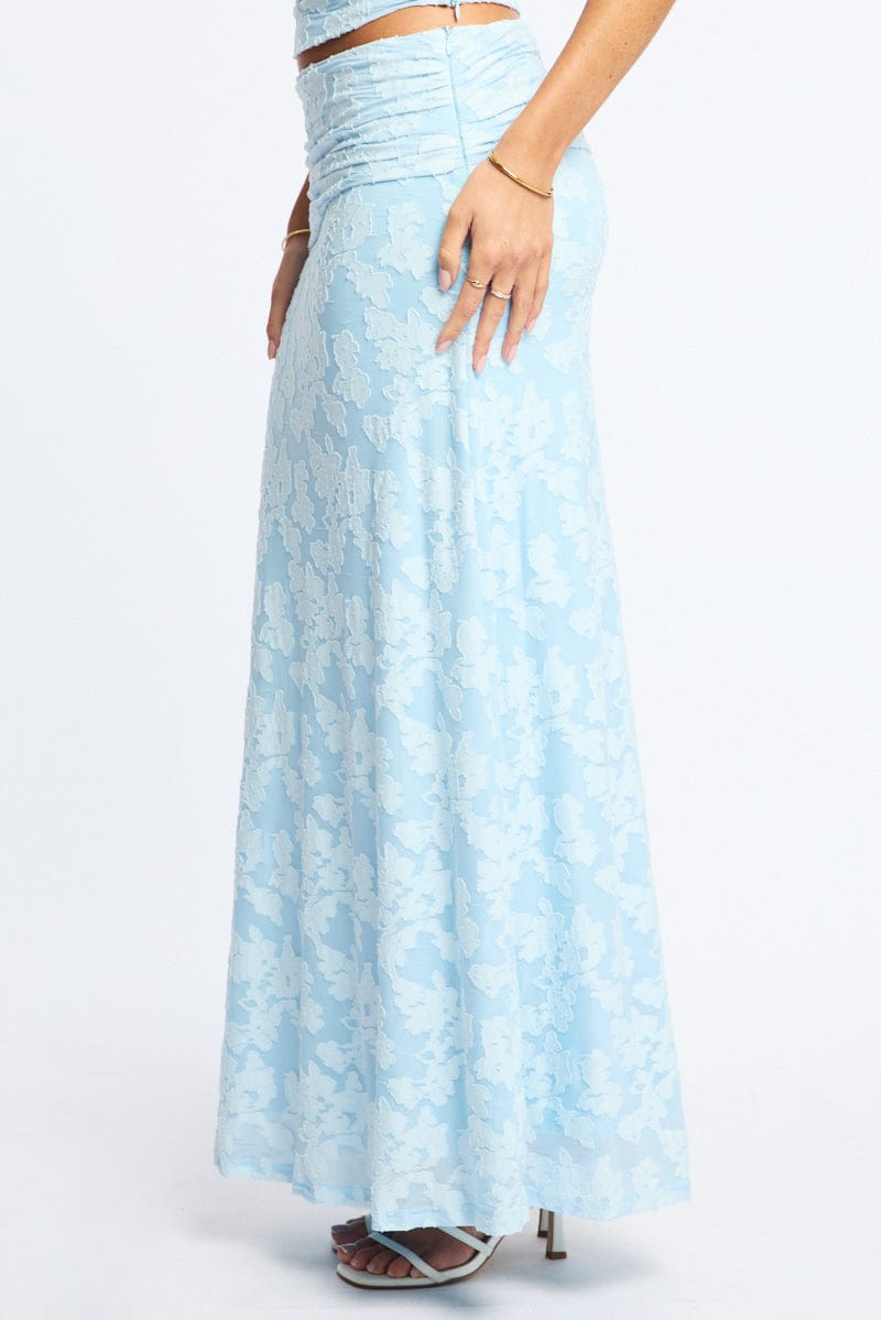 Blue Maxi Skirt Textured Gathered Waist Stretch Lined