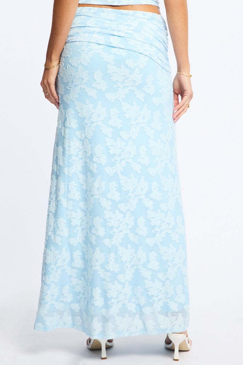 Blue Maxi Skirt Textured Gathered Waist Stretch Lined