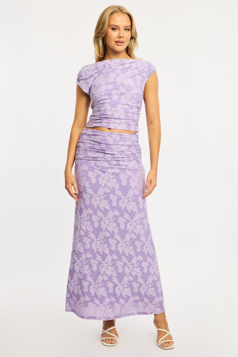 Purple Maxi Skirt Textured Gathered Waist Stretch Lined
