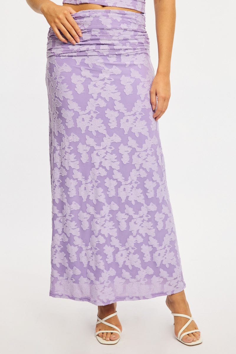 Purple Maxi Skirt Textured Gathered Waist Stretch Lined