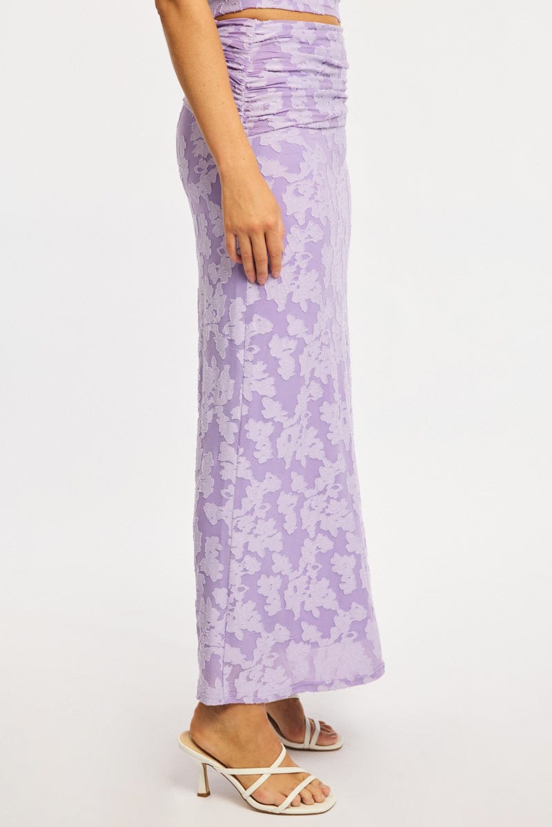 Purple Maxi Skirt Textured Gathered Waist Stretch Lined