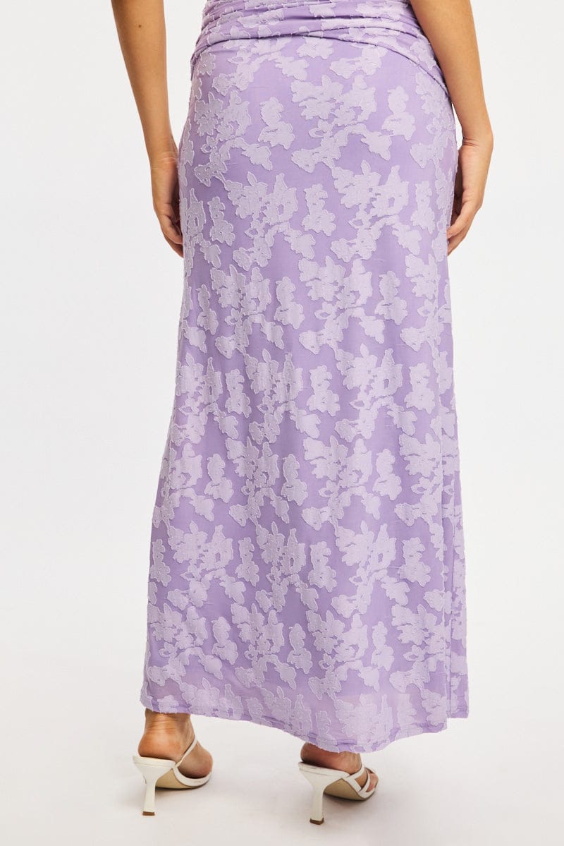 Purple Maxi Skirt Textured Gathered Waist Stretch Lined
