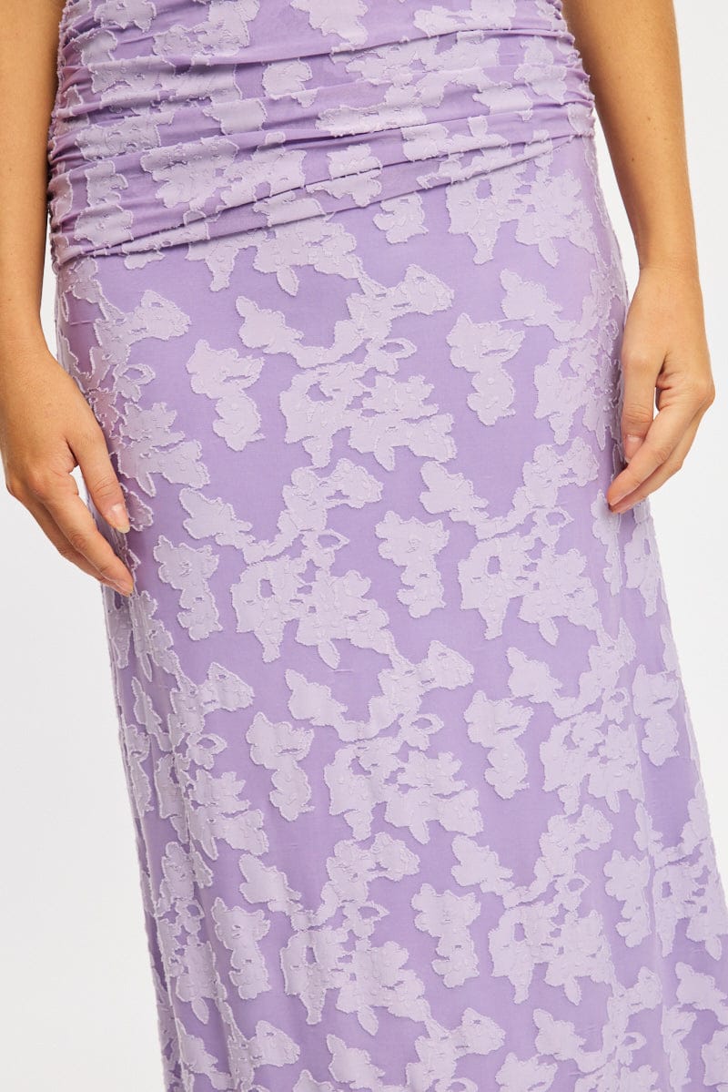 Purple Maxi Skirt Textured Gathered Waist Stretch Lined