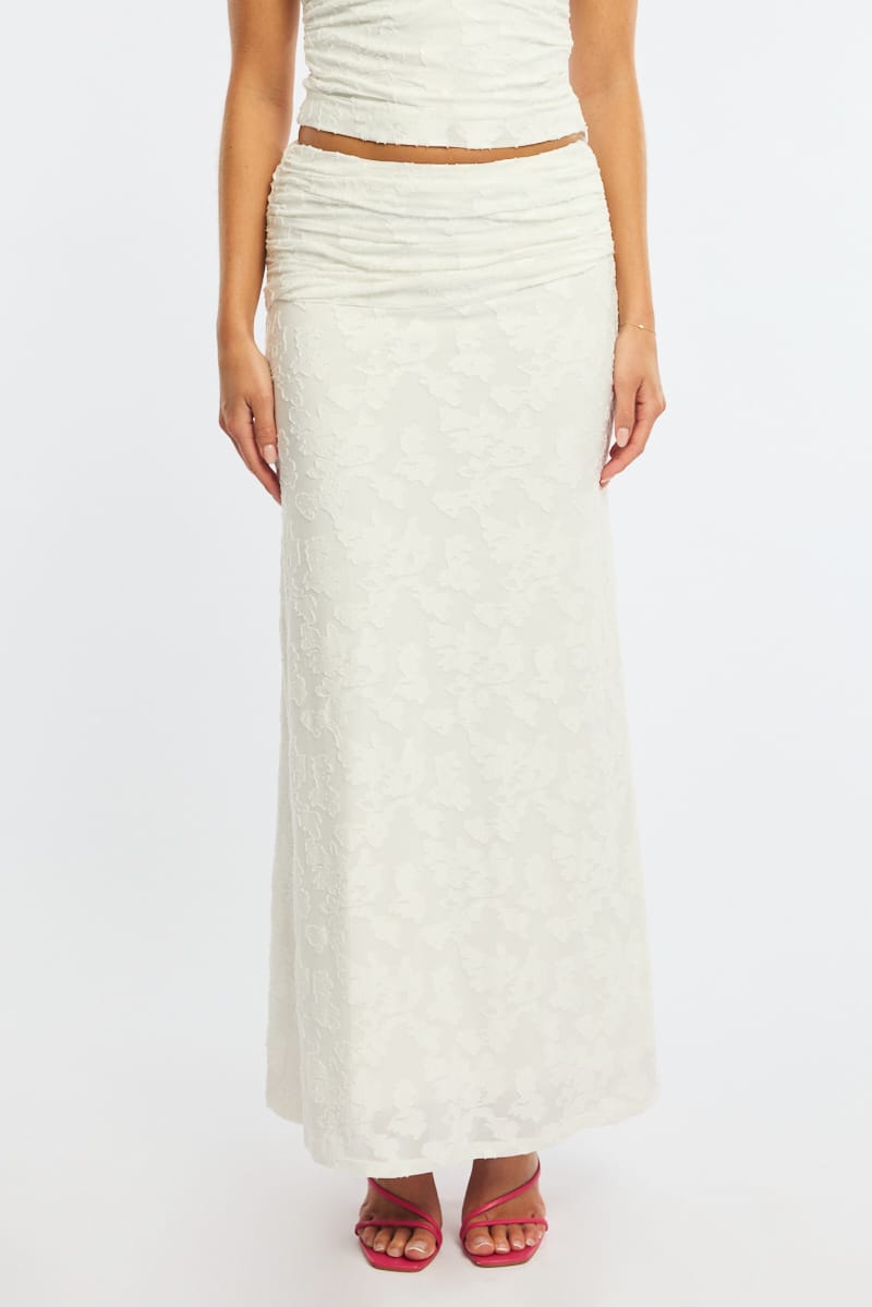 White Maxi Skirt Textured Gathered Waist Stretch Lined