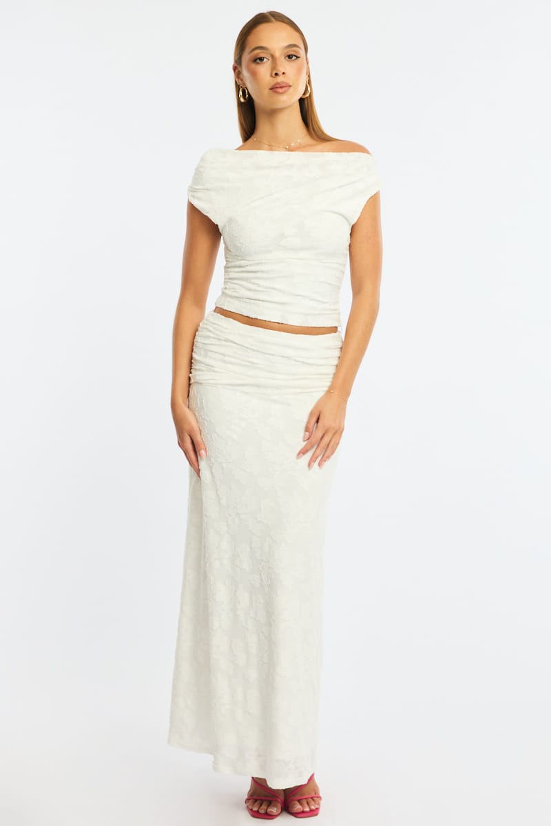 White Maxi Skirt Textured Gathered Waist Stretch Lined
