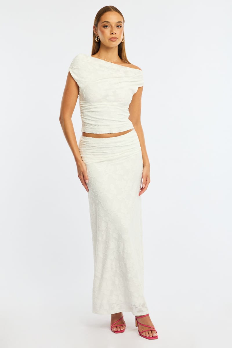 White Maxi Skirt Textured Gathered Waist Stretch Lined