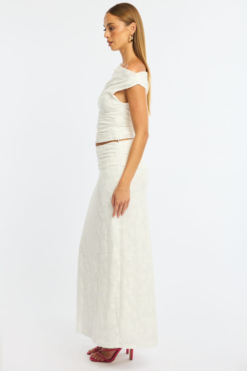 White Maxi Skirt Textured Gathered Waist Stretch Lined