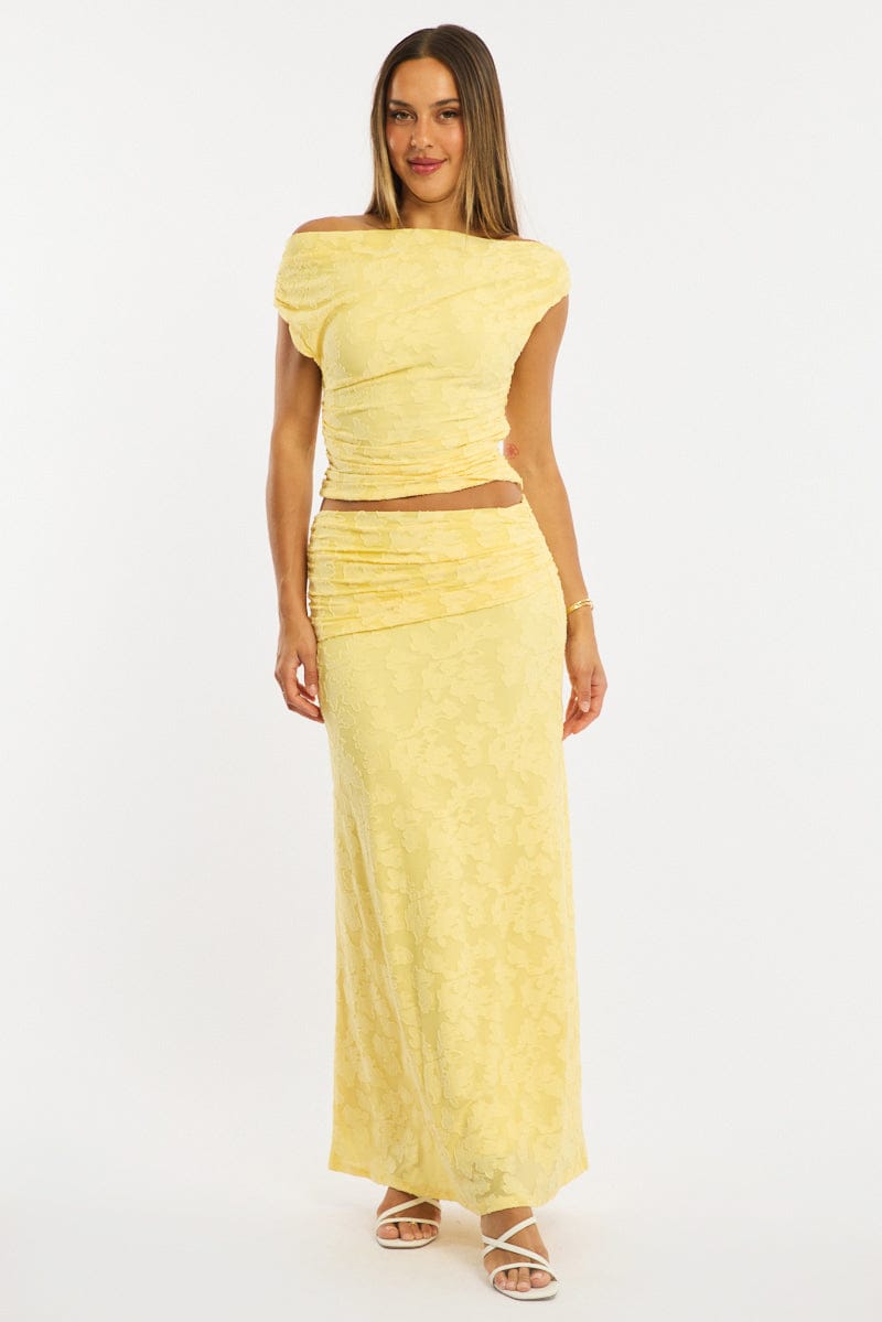 Yellow Maxi Skirt Textured Gathered Waist Stretch Lined