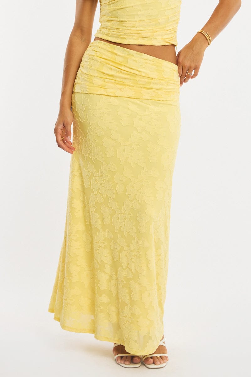 Yellow Maxi Skirt Textured Gathered Waist Stretch Lined
