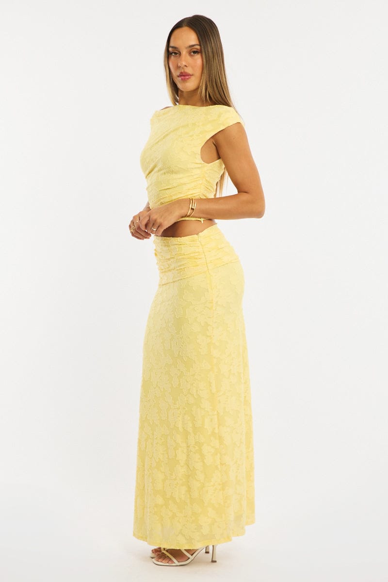 Yellow Maxi Skirt Textured Gathered Waist Stretch Lined
