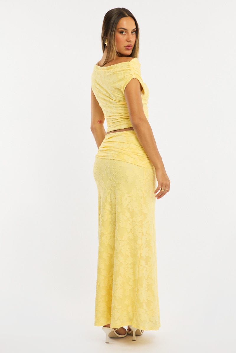 Yellow Maxi Skirt Textured Gathered Waist Stretch Lined