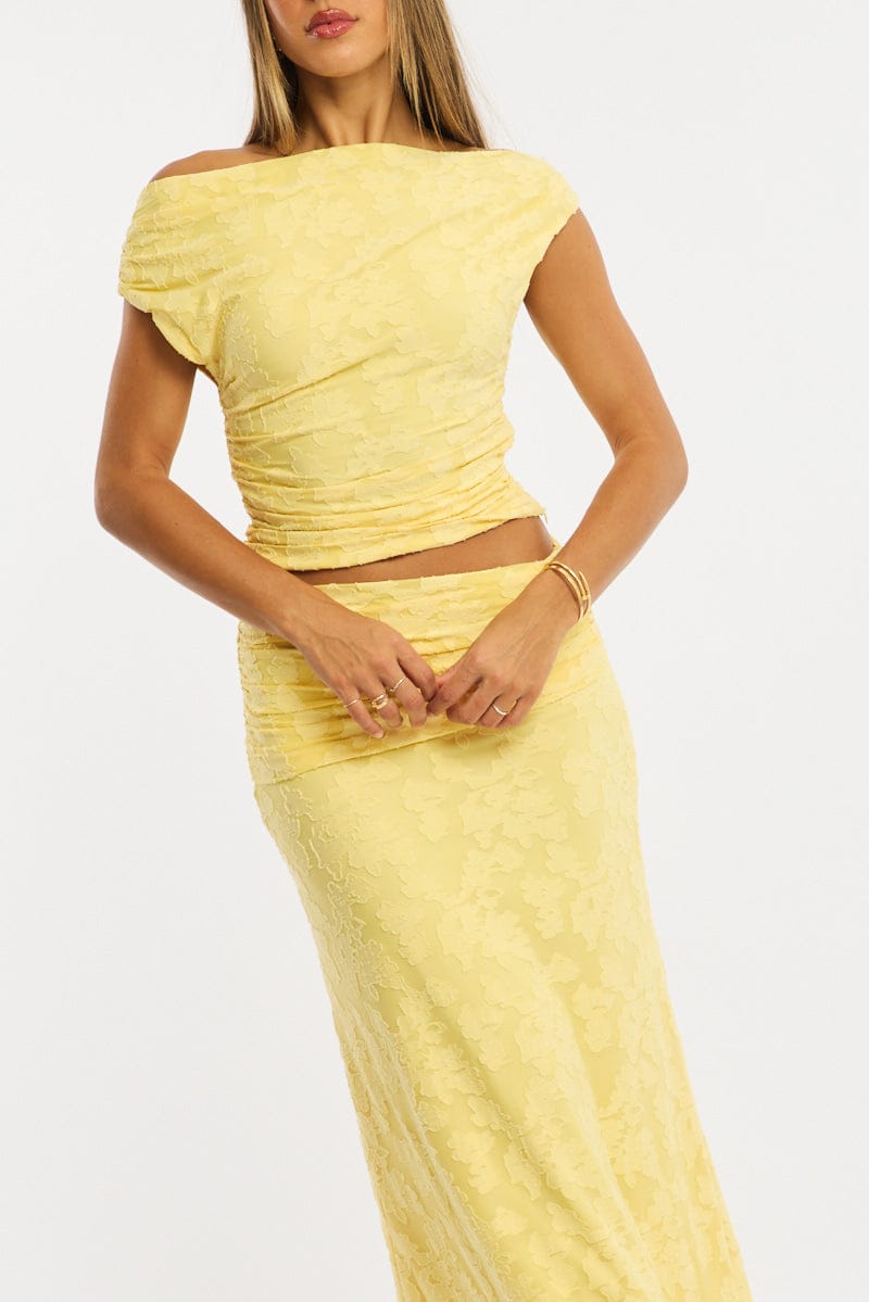 Yellow Maxi Skirt Textured Gathered Waist Stretch Lined