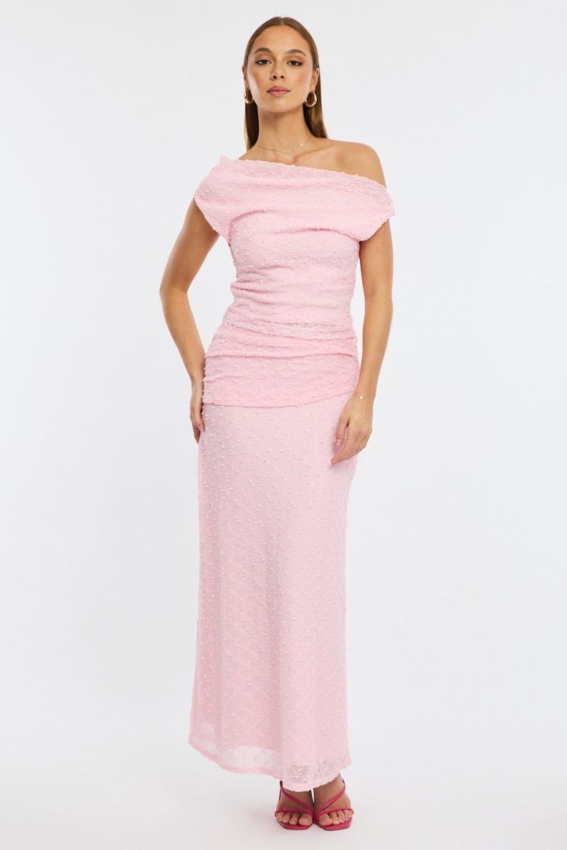 Pink Maxi Skirt Textured Gathered Waist Stretch Lined