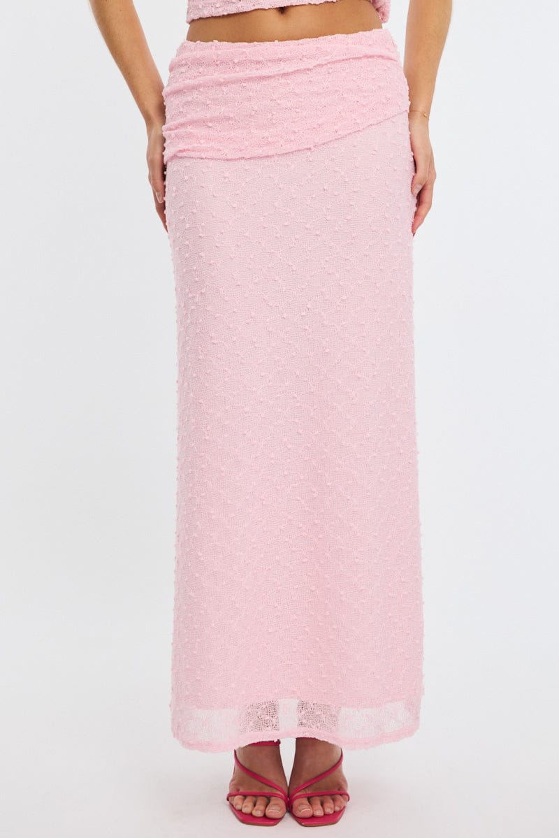 Pink Maxi Skirt Textured Gathered Waist Stretch Lined