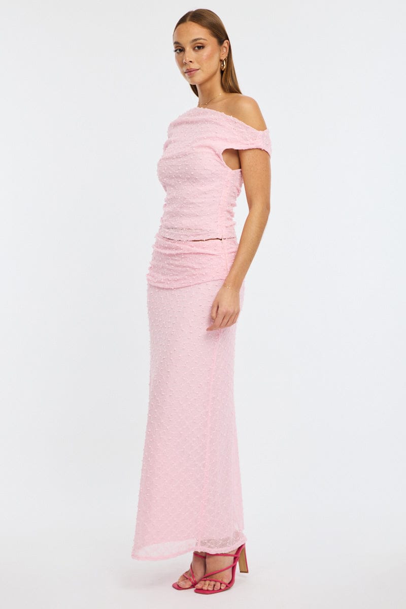 Pink Maxi Skirt Textured Gathered Waist Stretch Lined
