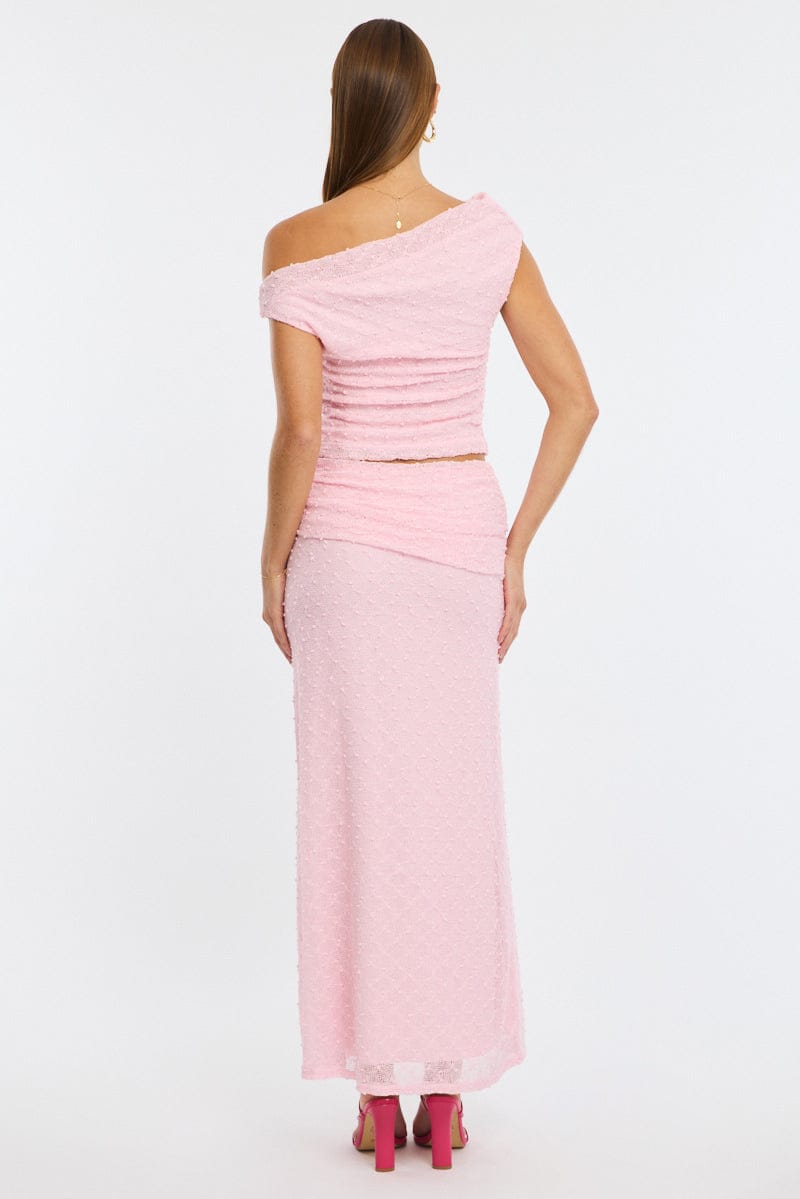 Pink Maxi Skirt Textured Gathered Waist Stretch Lined