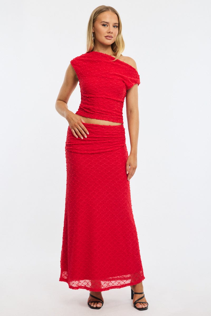 Red Maxi Skirt Textured Gathered Waist Stretch Lined