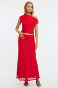 Red Maxi Skirt Textured Gathered Waist Stretch Lined