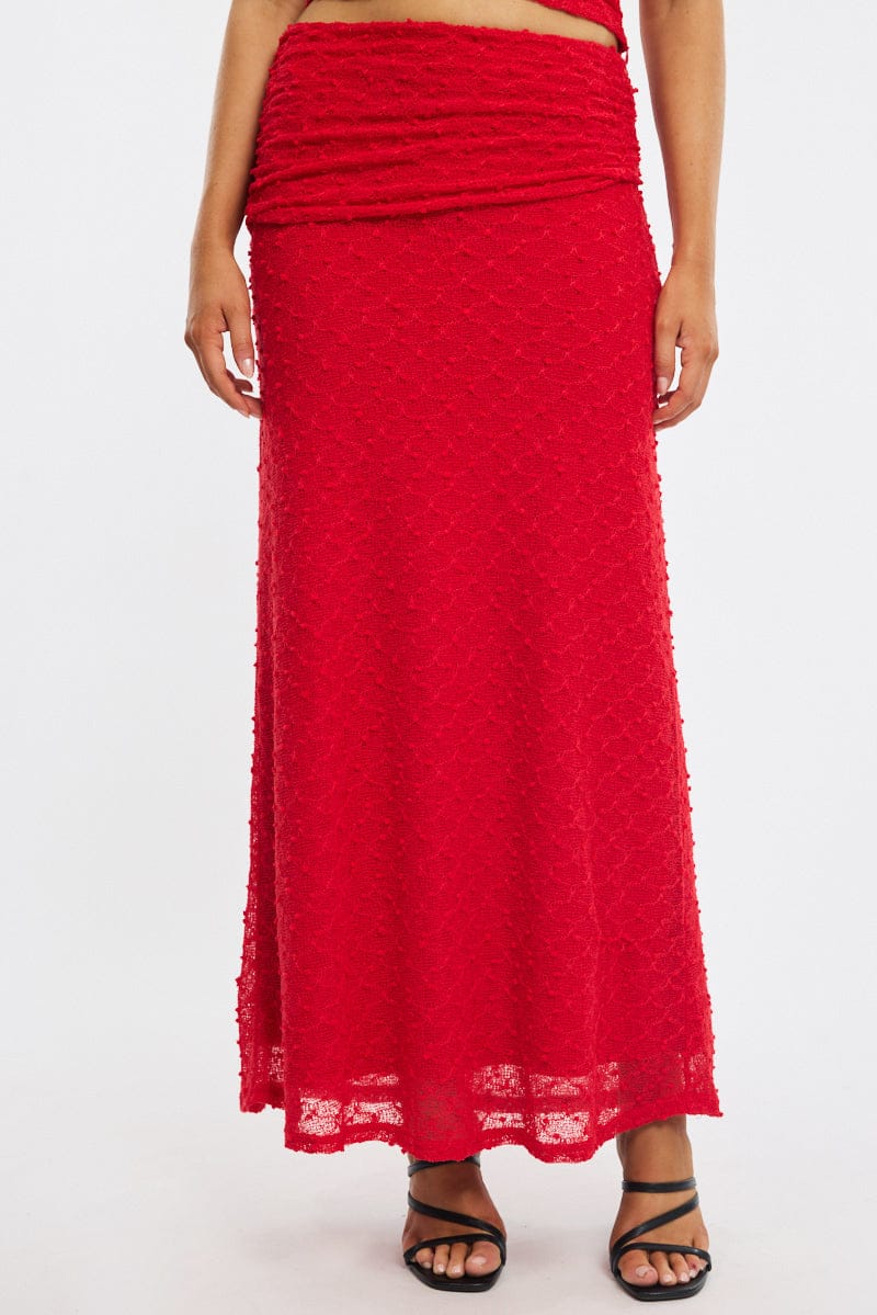 Red Maxi Skirt Textured Gathered Waist Stretch Lined