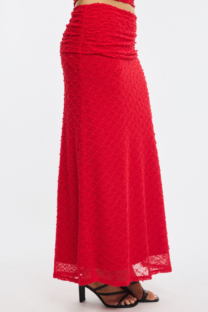 Red Maxi Skirt Textured Gathered Waist Stretch Lined