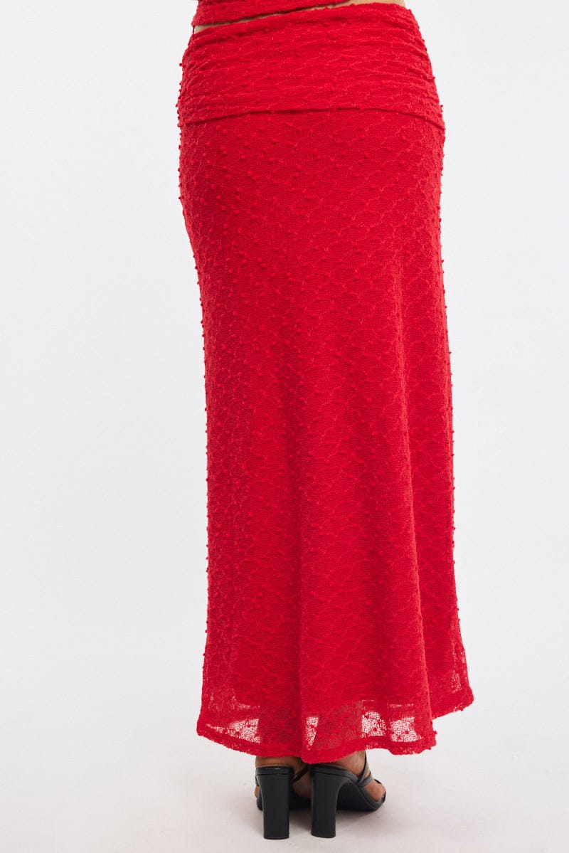 Red Maxi Skirt Textured Gathered Waist Stretch Lined