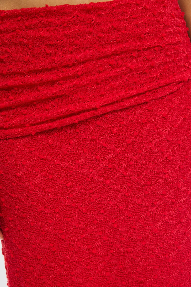 Red Maxi Skirt Textured Gathered Waist Stretch Lined
