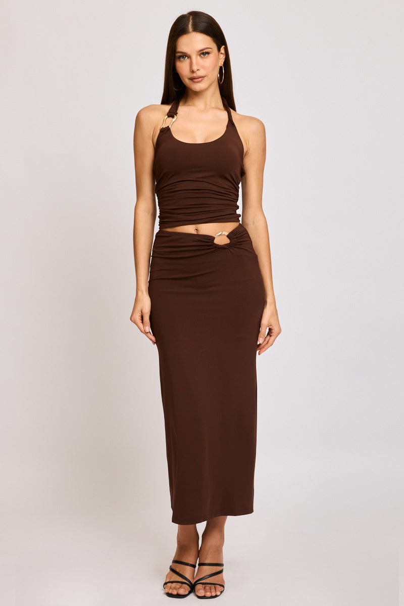 Brown Hardware Buckle Maxi Skirt Elastic Waist Lined