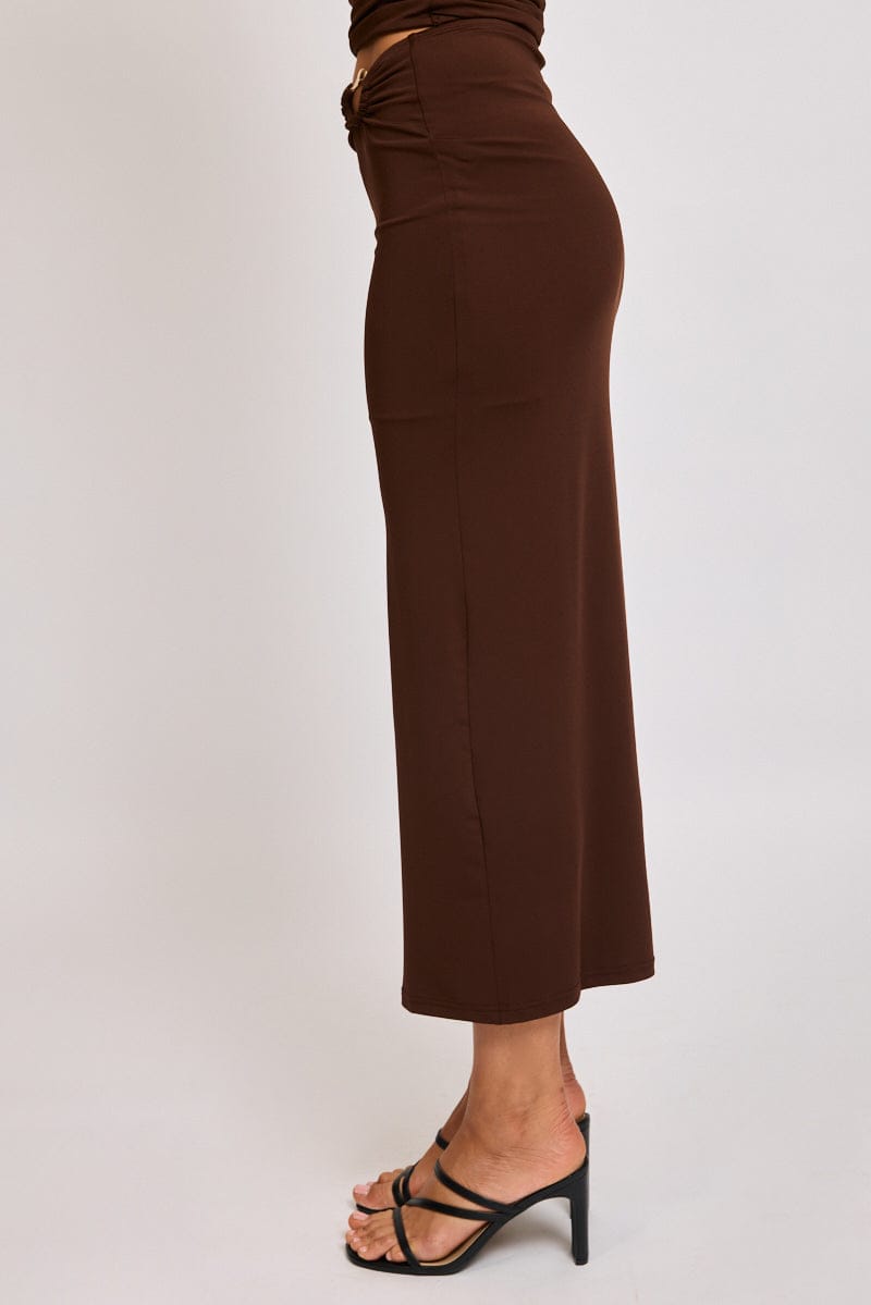Brown Hardware Buckle Maxi Skirt Elastic Waist Lined