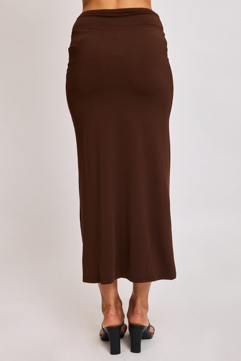 Brown Hardware Buckle Maxi Skirt Elastic Waist Lined