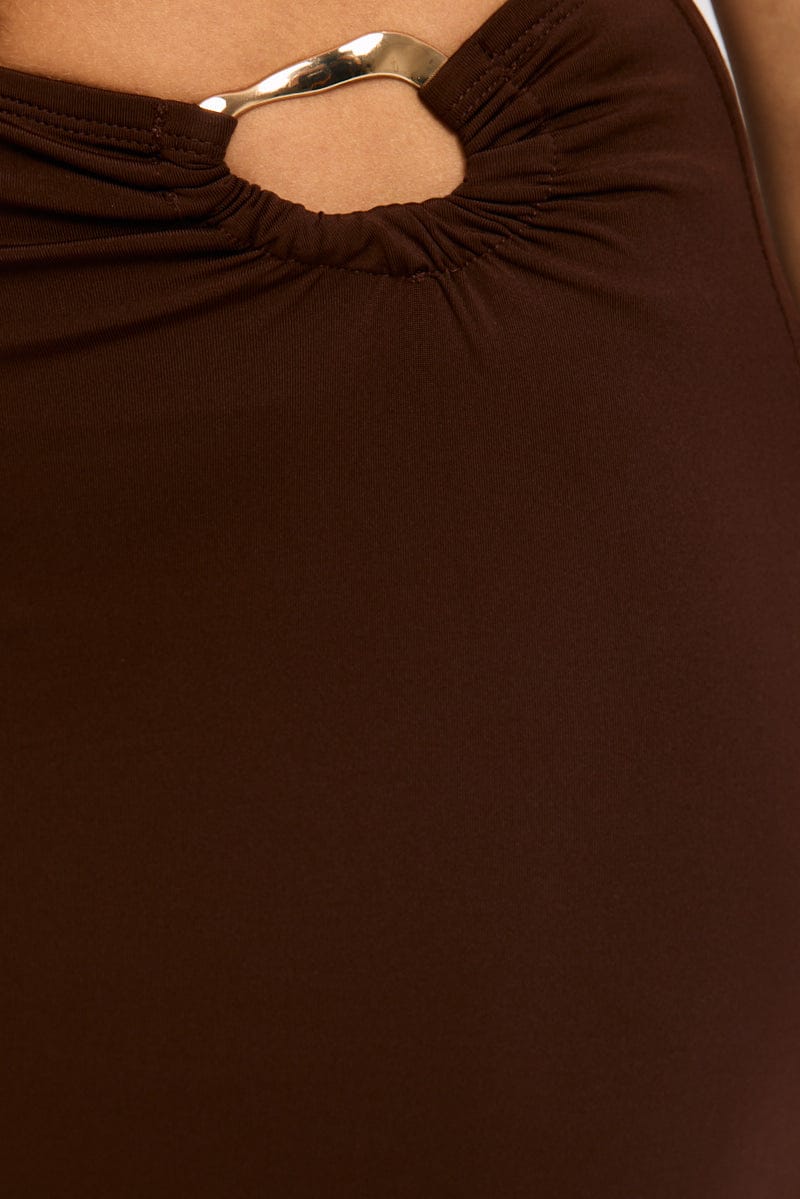 Brown Hardware Buckle Maxi Skirt Elastic Waist Lined