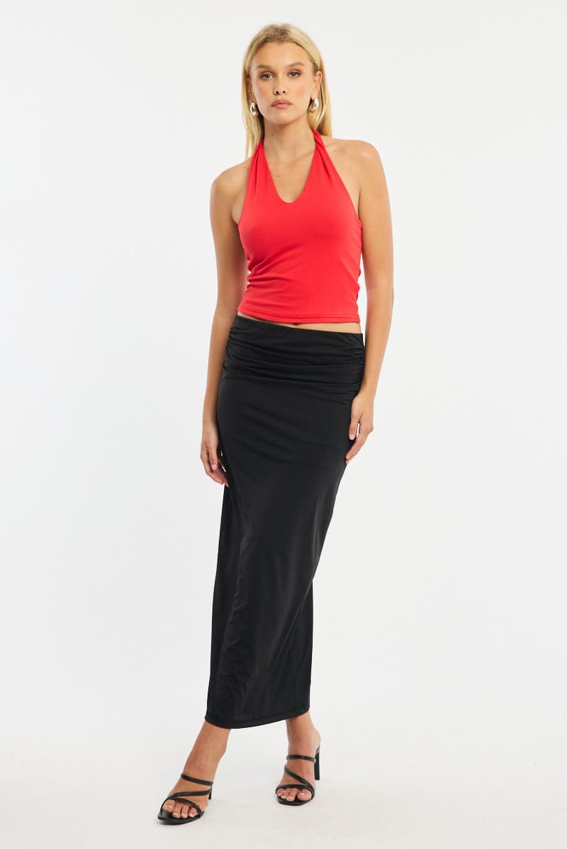 Black Ruched Maxi Skirt Elastic Waist