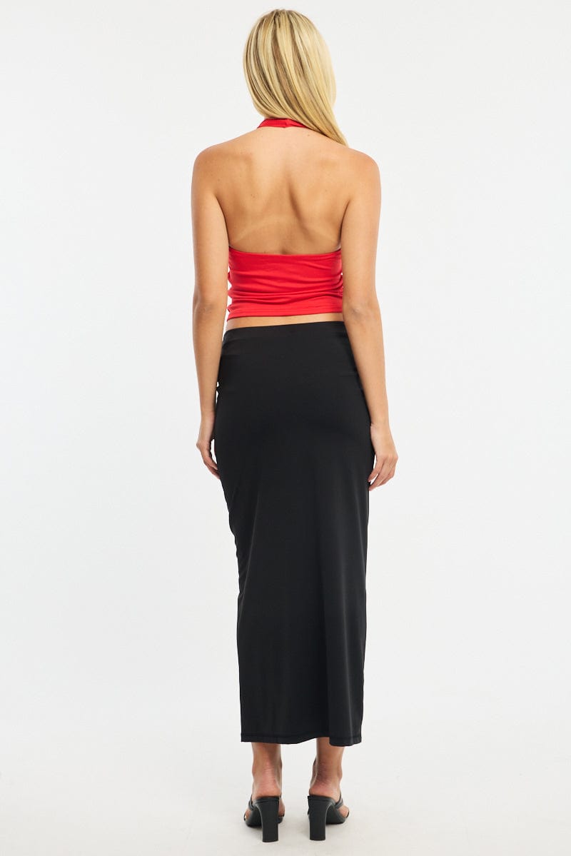 Black Ruched Maxi Skirt Elastic Waist