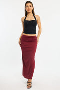 Red Ruched Maxi Skirt Elastic Waist