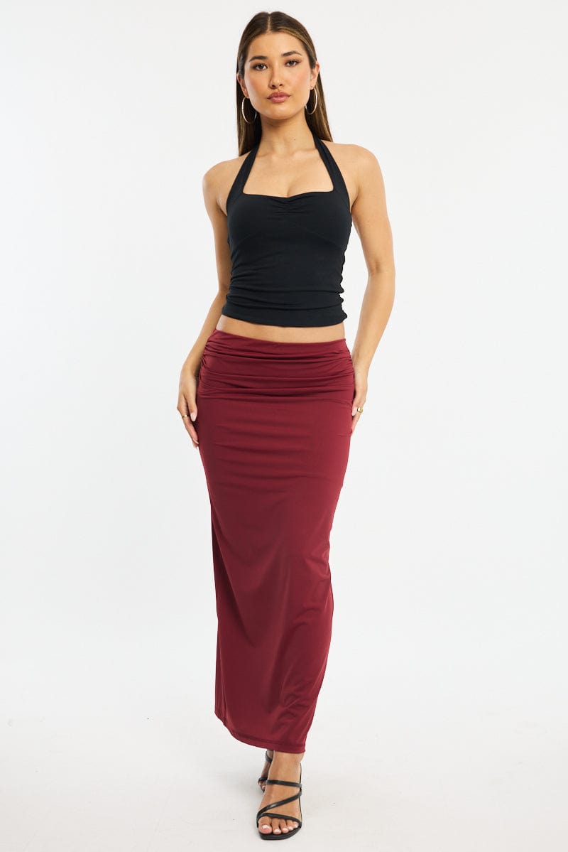 Red Ruched Maxi Skirt Elastic Waist
