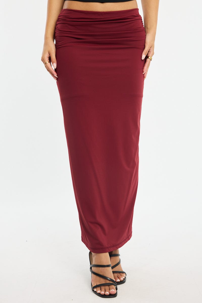 Red Ruched Maxi Skirt Elastic Waist