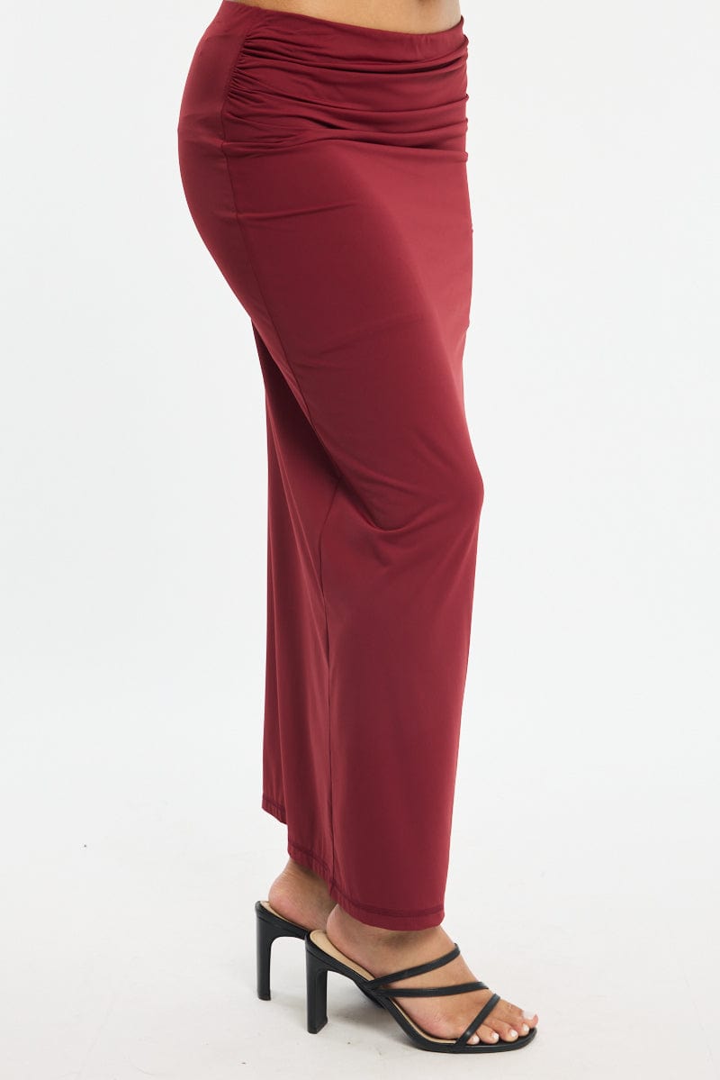 Red Ruched Maxi Skirt Elastic Waist