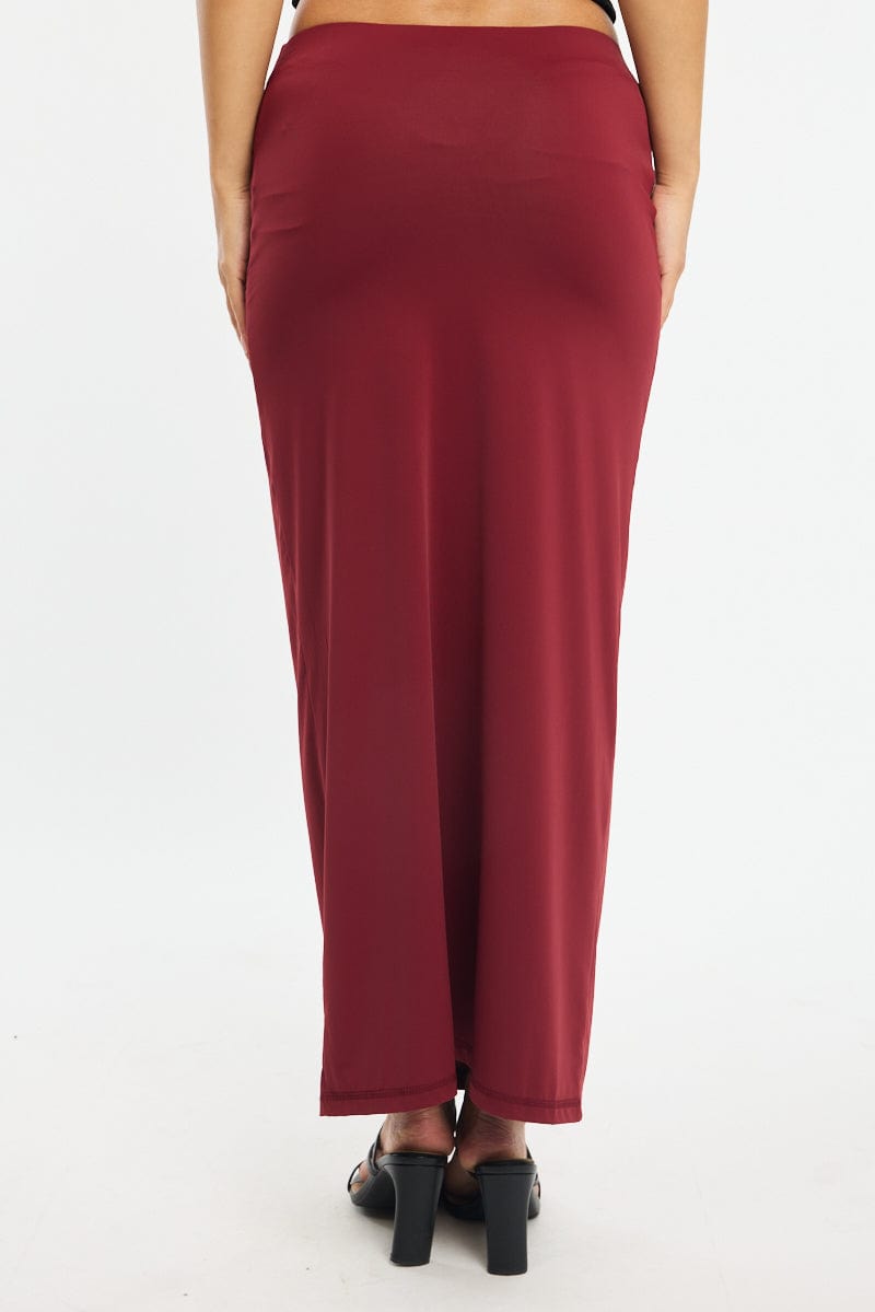 Red Ruched Maxi Skirt Elastic Waist