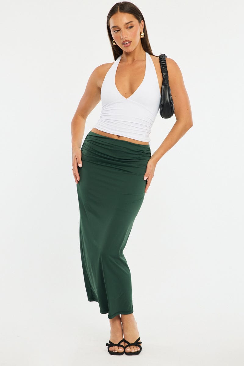 Green Ruched Maxi Skirt Elastic Waist