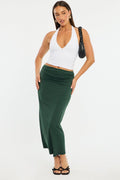 Green Ruched Maxi Skirt Elastic Waist