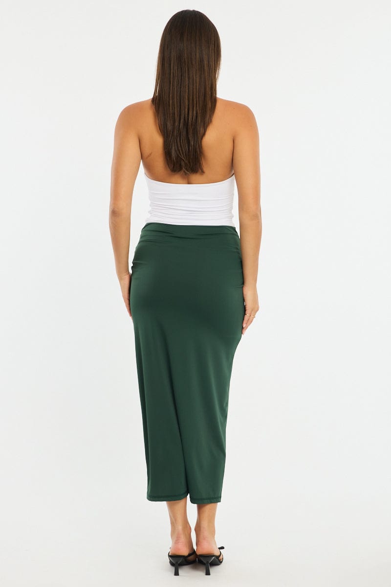 Green Ruched Maxi Skirt Elastic Waist