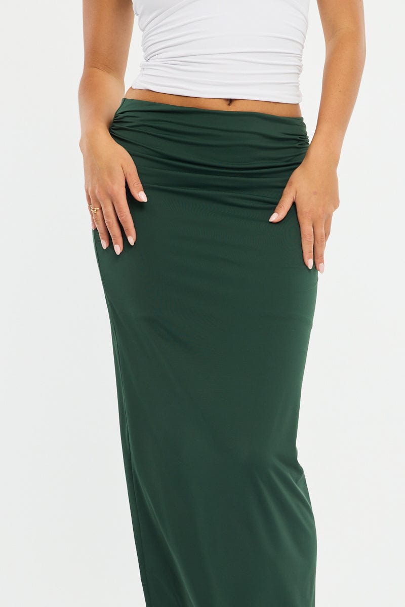Green Ruched Maxi Skirt Elastic Waist