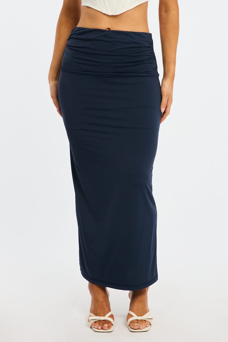Blue Ruched Maxi Skirt Elastic Waist